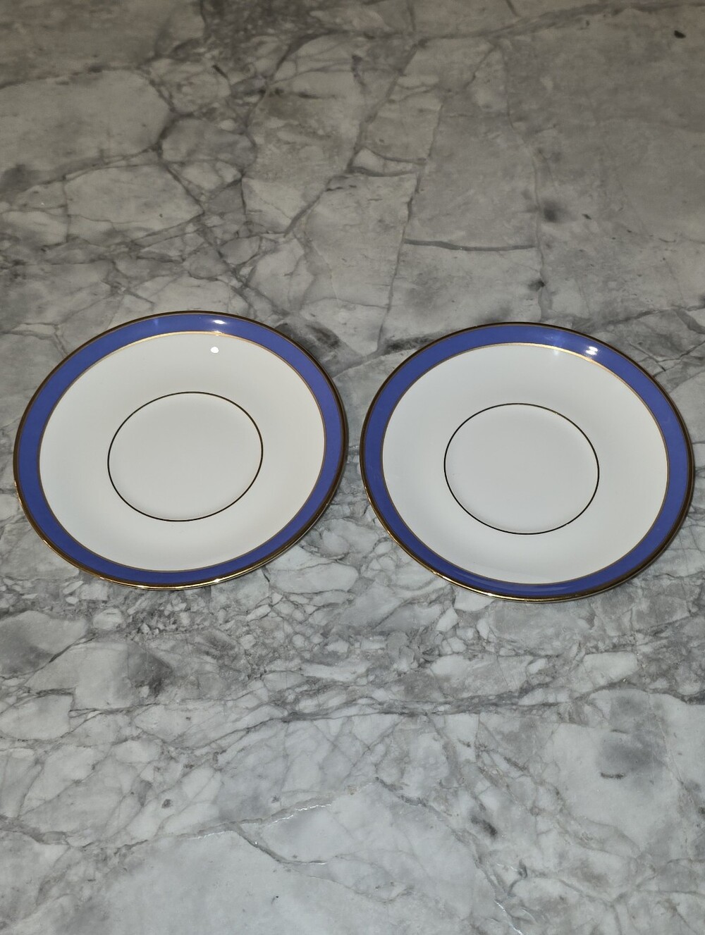 Vintage Tiffany & Co. Plate Pair Floral Blue Gold Line Tea Cup Saucer Dishes